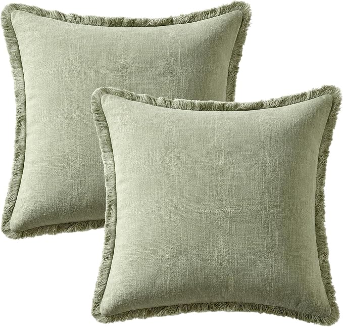 Woaboy Decorative Linen Fringe Throw Pillow Covers Boho Farmhouse Soft Euro Accent Pillowcases with Tassels for Bed Couch Sofa Livingroom Bedroom,24x24 Inch Set of 2,Sage Green