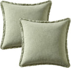 Woaboy Decorative Linen Fringe Throw Pillow Covers Boho Farmhouse Soft Cushion Covers Accent Pillowcases with Tassels for Living Room Couch Sofa Bed Chair,18x18 Inch Set of 2,Sage Green