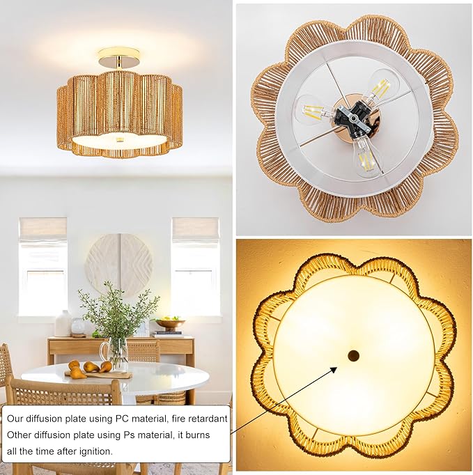 Golden Blossom Boho 3-Light - 14" Handwoven Rattan Flush Mount for Bedroom | Nursery, Eco-Friendly Gold Woven Ceiling Light, Small Gold Lighting, Boho Rattan Light