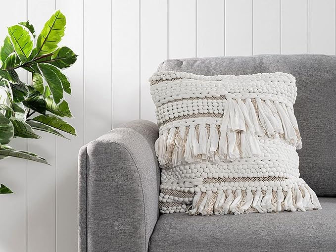 GRUHUM Throw Pillow Covers 18x18-Set of 2 Boho Decorative Handwoven Fancy Tufted Cushion Case for Living Room Bedroom Sofa Couch Farmhouse Car Home Decor Cotton Comfy Square Modern 18x18 inch, White