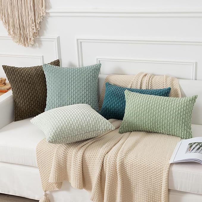 Kevin Textile Throw Pillow Covers Soft Corduroy Decorative Set of 2 Boho Striped Pillow Covers Pillowcases Farmhouse Home Decor for Couch Bed Sofa Living Room 16x16 Inch Greyish Green