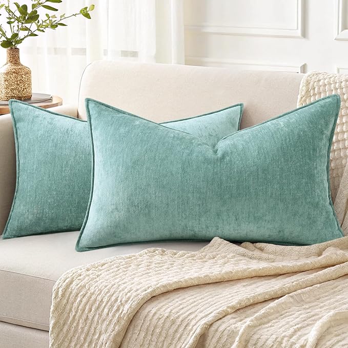 decorUhome Couch Throw Pillow Covers 12x20 Set of 2, Decorative Soft Euro Neutral Chenille Lumbar Pillow Covers with Elegant Design for Sofa Bed Living Room Home Decor, Aqua Haze