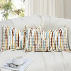 Boho Decorative Throw Pillow Covers 12x20 Inch, Chenille Tufted Pillow Cover Stripe Textured Lumbar Farmhouse Accent Pillowcase for Couch Sofa Bedroom Living Room, Red White Khaki Grey 2 Pack
