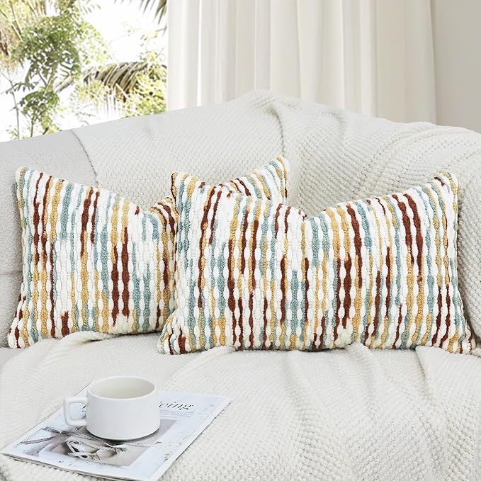 Boho Decorative Throw Pillow Covers 12x20 Inch, Chenille Tufted Pillow Cover Stripe Textured Lumbar Farmhouse Accent Pillowcase for Couch Sofa Bedroom Living Room, Red White Khaki Grey 2 Pack