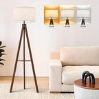 ELYONA Tripod Floor Lamp with Table, Mid Century Wood Shelf Standing Light Modern Tall Floor Lamp with Linen Shade for Living Room Bedroom Office,Dark Brown, 3 Color Temperatures LED Bulb Include