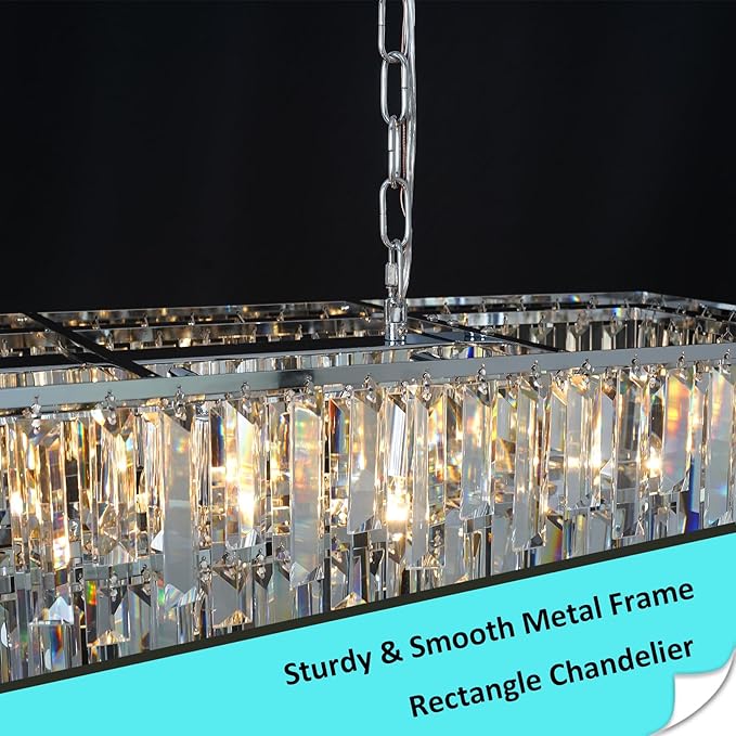 Rectangle Chandeliers for Dining Room, 40" Chrome Modern Top K9 Rectangle Crystal Chandelier 12 Lights Rectangular Adjustable Pendant Ceiling Light Fixture for Dining Room Kitchen Island