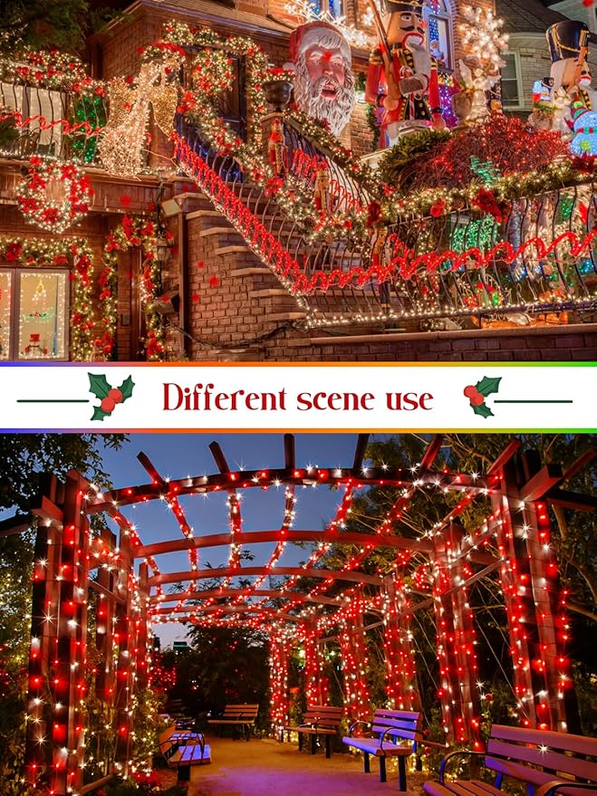 800 LED Christmas Slow Twinkle Cluster Lights, Firecracker Fairy Lights with 15 Modes & Timer Function, 33FT Waterproof String Lights for Indoor Outdoor Tree Christmas Decorations, Red and Cool White