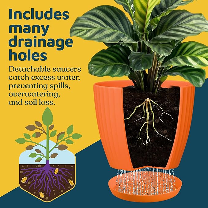 Yellow 6-Inch Plant Pots with Drainage & Saucers 24 Pack, Indoor & Outdoor Planters for Houseplants, Herbs, and Flowers, Durable & Weatherproof Material, Stackable, Lightweight, Minimalist Design