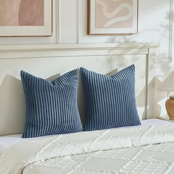 Fancy Homi Set of 2 Dusty Blue Boho Decorative Throw Pillow Covers 24x24 Inch for Couch Bed Sofa, Aesthetic Modern Bohemian Room Decor, Soft Fuzzy Fluffy Cozy Corduroy Textured Cushion Case 60x60cm