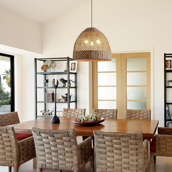 18.9" Large Rattan Chandelier,Boho 3-Lights Wicker Hand-Woven Farmhouse Seagrass Ceiling Hanging Pendant Lighting for Kitchen Islands Dining Rooms,