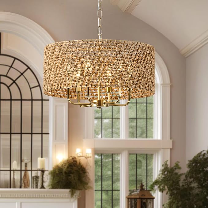 20" Large Boho Rattan Chandeliers for Dining Room, 6-Light Rattan Hand-Woven Drum Wicker Farmhouse Chandelier Large Vintage Chandelier Pendant Light Fixture for Kitchen Island Entryway(Gold)