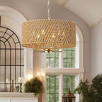 20" Large Boho Rattan Chandeliers for Dining Room, 6-Light Rattan Hand-Woven Drum Wicker Farmhouse Chandelier Large Vintage Chandelier Pendant Light Fixture for Kitchen Island Entryway(Gold)