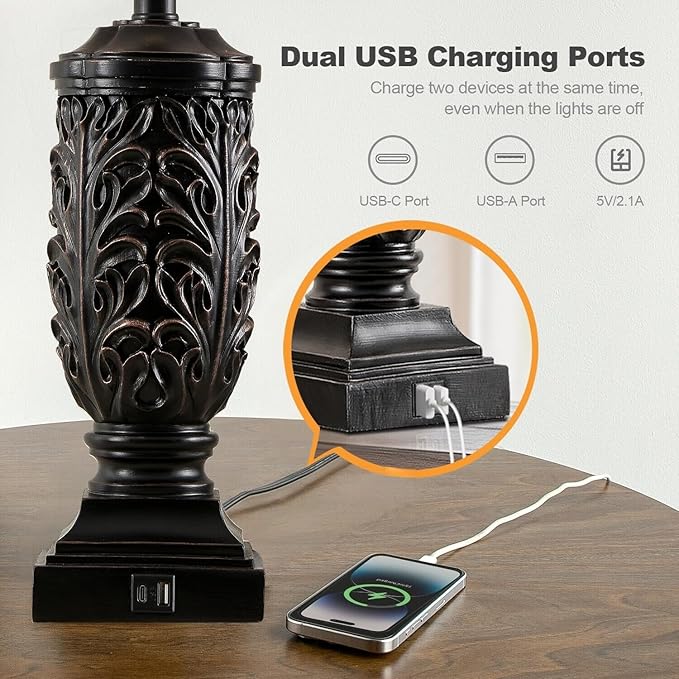 28.5” Vintage Farmhouse USB A+C Table Lamps Set of 2 for Living Room Bedroom Tall Rustic Bedside Nightstand Lamp Retro Traditional End Table Lamps for Entryway Home Office Decor Antique Black Accent