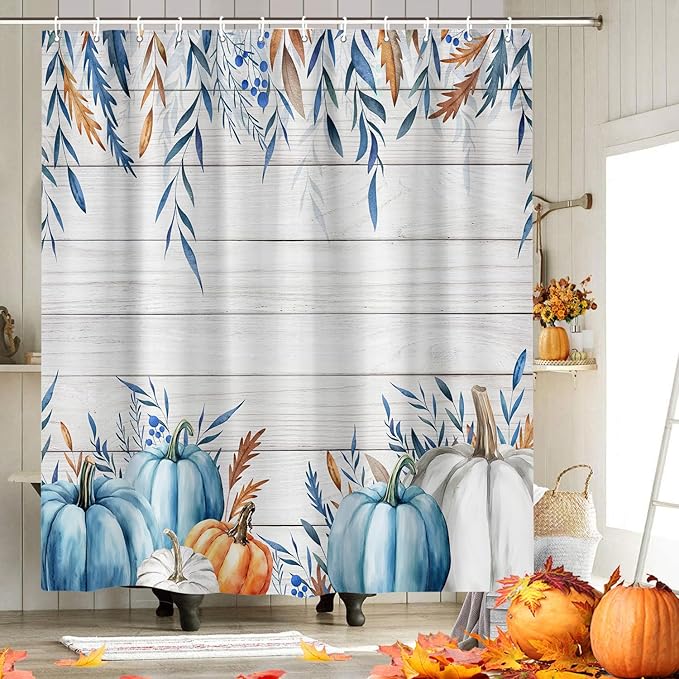 Boho Fall Shower Curtain, Blue Pumpkin Thanksgiving Harvest Shower Curtain for Bathroom, Rustic Autumn Pumpkin Leaves Wood Board Bath Curtains with 12PCS Hooks 72 X 72 in, Blue Orange