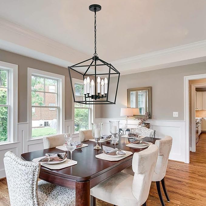 MELUCEE Rustic Open Cage Chandelier 6 Lights in Black Farmhouse Lantern Hanging Ceiling Light Large Pendant Light with White Candle-Shaped Socket for Hallway Dining Room Kitchen Island, E12 Base