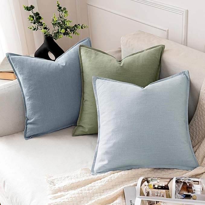 MIULEE Decorative Linen Pillow Covers 18x18 Inch Sage Green Boho Farmhouse Neutral Couch Throw Pillows for Bed Pack of 2 Accent Modern Pillowcase Summer Sofa Livingroom Home Decor