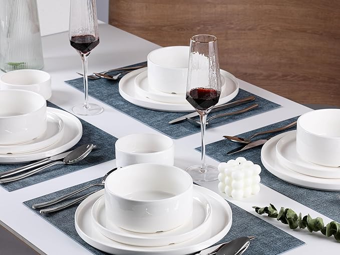12pcs Dinnerware Sets with High Edge, Kitchen Plates and Bowls Set for 4, Chip and Scratch Resistant Porcelain Dishs Set - Dishwasher & Microwave Safe, QOMO-1996