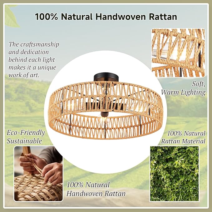 Hamilyeah 20 inch Boho Flush Mount Ceiling Light Fixture, Rattan Ceiling Light Fixture with 4 Light,Woven Light Fixtures Ceiling Mount for Living Room, Bedroom, Kitchen