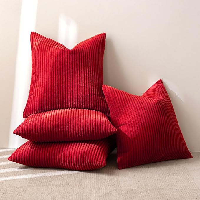 MIULEE Boho Farmhouse Throw Pillow Covers 16x16 Inch Set of 4 Mordern Nordic Cushion Covers Soft Corduroy Home Decor for Couch Bed Sofa Living Room Christmas Red