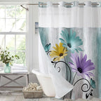 Muuyi Farm Teal Watercolor Floral Shower Curtain,No Hook Shower Curtain,Polyester Shower Curtains with Snap in Fabric,Sheer Top Window for Bathroom Decor,Waterproof & Washable,72W x 75L Inch