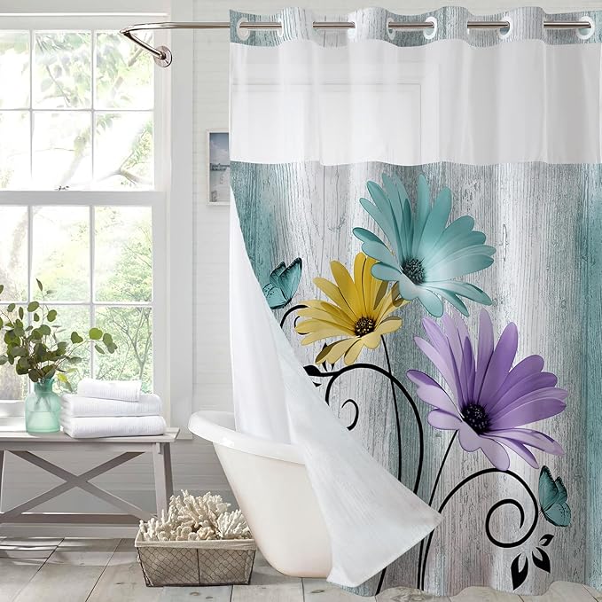 Muuyi Farm Teal Watercolor Floral Shower Curtain,No Hook Shower Curtain,Polyester Shower Curtains with Snap in Fabric,Sheer Top Window for Bathroom Decor,Waterproof & Washable,72W x 75L Inch