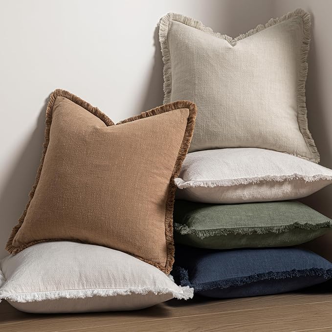 MIULEE Decorative Throw Pillow Covers Neutral Linen Fringe Throw Pillows Set of 2 Light Olive Green Boho Farmhouse Cushion Covers for Couch Sofa Bed Living Room Spring Home Decor 18x18 Inch