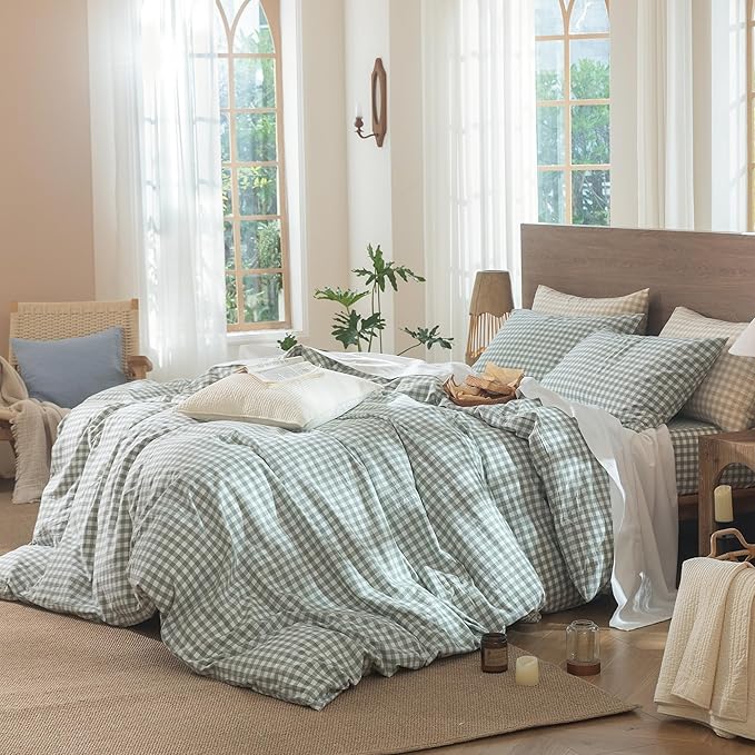 MooMee Gingham Duvet Cover Set 100% Washed Cotton Linen Like Textured Breathable Durable Soft Comfy Modern Checkered Design (Sage Green Gingham, Super Queen 90"x98")