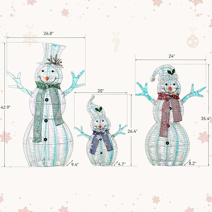 Large Christmas Snowman Family Decorations, 43Inch 3D Pre-Lit Iridescent Snowman with 200 LED Lights & Zip Ties, Indoor Outdoor Holiday Decor for Yard,Porch,Home-Iridescent