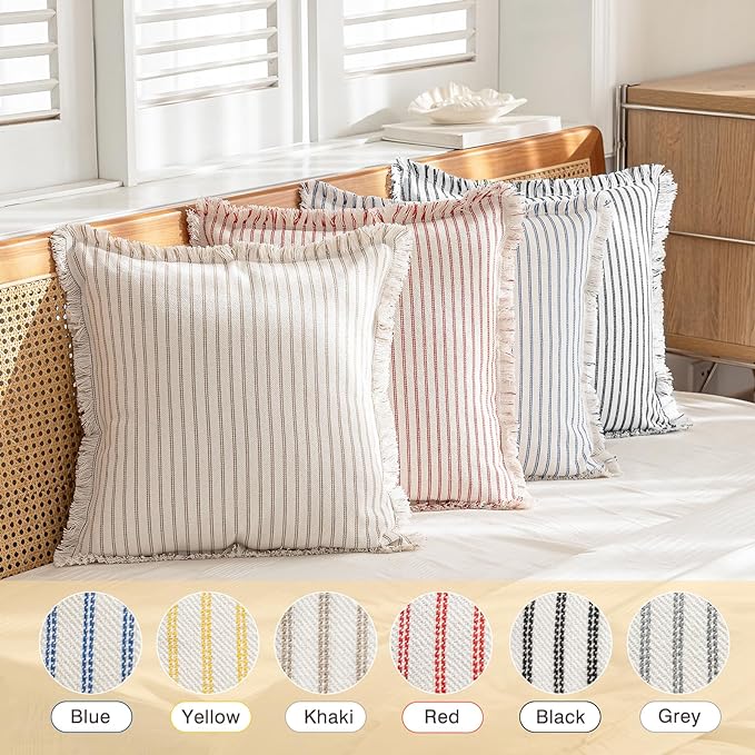 Throw Pillow Covers 20x20 Set of 2 Striped Fringe Pillow Cover Farmhouse Cushion Covers with Tassel Neutral Boho Pillows Decorative Square Pillowcase for Couch Sofa Bed, Khaki