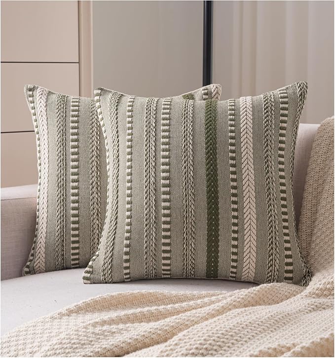Boho Throw Pillow Covers 18x18 Inch Set of 2, Farmhouse Decorative Couch Pillow Cases, Green Accent Pillows of Bed, Sofa Bedroom Living Room Home Decor Cushion Cover