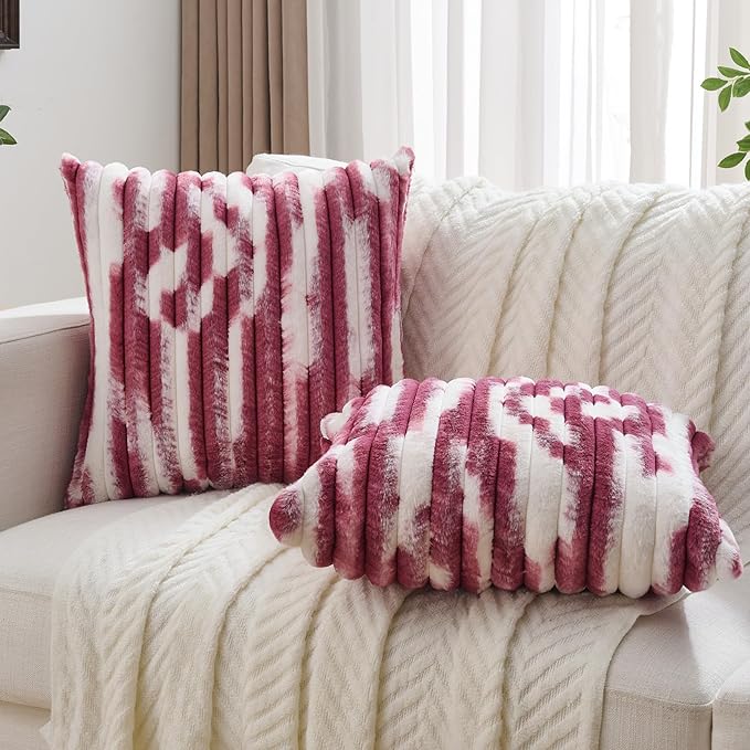 FUTEI Burgundy Decorative Throw Pillow Covers 26x26 Inch Set of 2, Soft Tie-Dye Faux Rabbit Fur Striped Texture Euro Pillow Sham, Modern Home Decor for Couch Bed Living Room