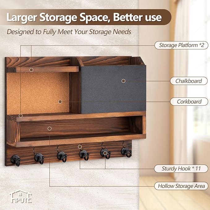 Key Holder for Wall Mount with Mail Organizer, Farmhouse Key Holder for Wall with Shelf, Chalkboard&Corkboard, Entryway Organizer 11 Metal Hooks, Decorative Natural Pine Wood, 14.6*11.1*3.3”, A-Brown