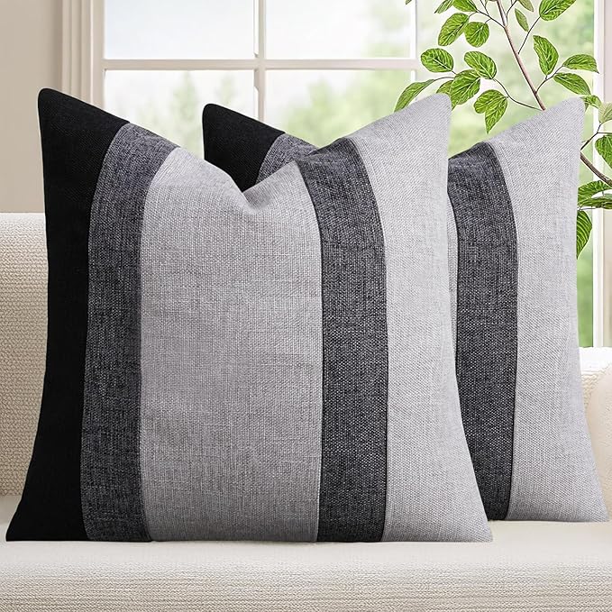 Adabana Modern Pillow Covers 18x18 Set of 2 Farmhouse Decor Patchwork Linen Cushion Covers for Living Room Couch Bed Black and Grey