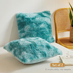 XeGe Tie Dye Faux Fur Throw Pillow Covers, Luxury Fluffy Plush Pillow Shams, Ombre Shaggy Decorative Pillow Cushion Cover for Sofa Bed Couch Zipper Closure, Pack of 2(18''x18'', Tie Dye Teal Green)