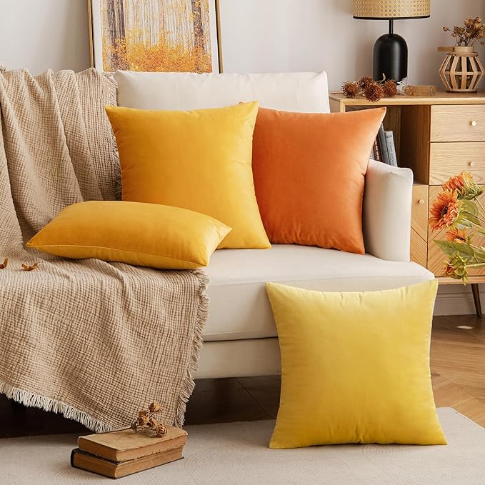 EMEMA Fall Orange Velvet Throw Pillow Covers 16x16 Inch Set of 2 Decorative Square Pillowcase Soft Solid Cushion Case for Couch Sofa Bedroom Livingroom