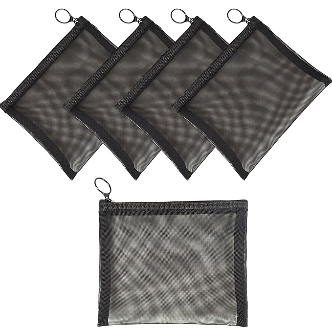 Patu Zipper Mesh Bags, Size L / A5, 5 Pieces, Beauty Makeup Cosmetic Accessories Organizer, Travel Toiletry Kit Set Storage Pouch, Black
