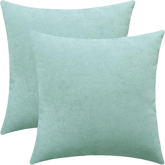 Jeneoo Decorative Seafoam Green Throw Pillow Covers Rustic Farmhouse Super Soft Square Chenille Comfy Solid Cushion Couch Cases for Sofa Bedroom Chair (Set of 2, 14 x 14 Inches)