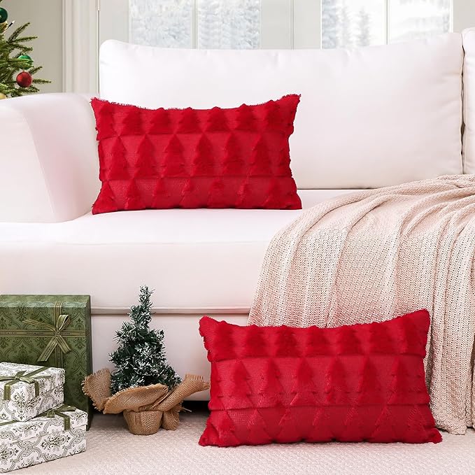 OTOSTAR Set of 2 Xmas Soft Plush Short Wool Velvet Decorative Throw Pillow Covers Rectangular Luxury Style Cushion Case Pillow Shell for Sofa Bedroom Christmas Tree Red, 16x24 Inch