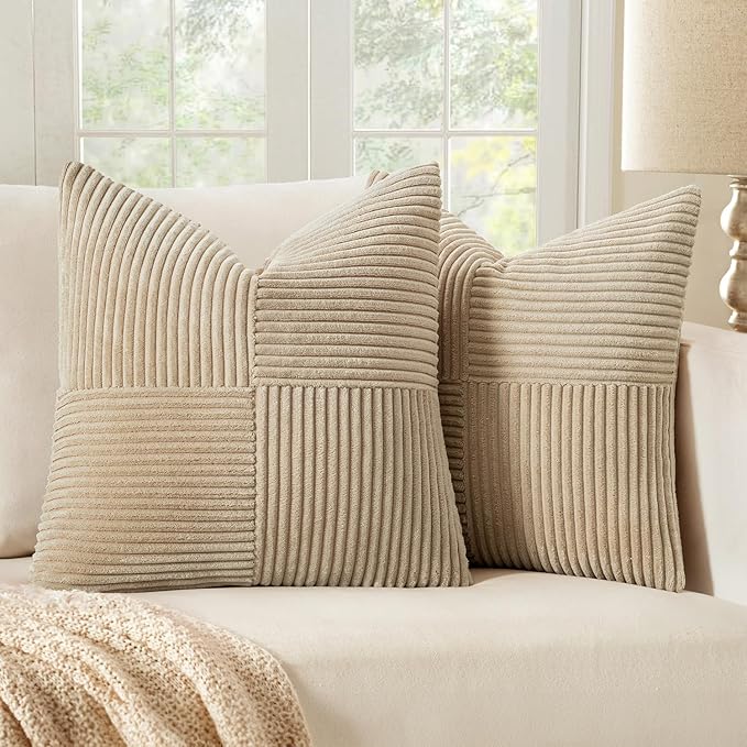 MIULEE 24x24 inch Euro Cream Corduroy Pillow Covers Pack of 2 Boho Decorative Spliced Throw Pillow Covers Soft Solid Couch Pillowcases Cross Patchwork Textured Cushion Covers for Living Room Bed Sofa