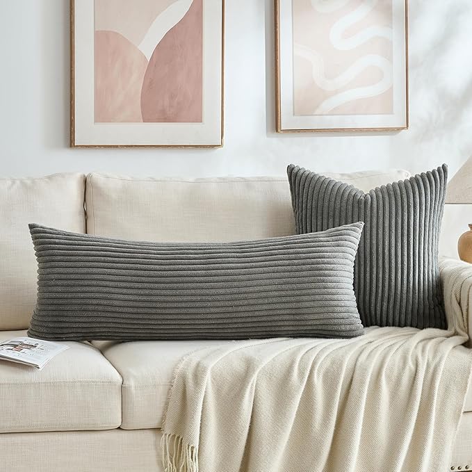 Fancy Homi Set of 2 Dark Gray Boho Decorative Throw Pillow Covers 18x18 Inch for Couch Bed Sofa, Aesthetic Modern Farmhouse Room Decor, Soft Fuzzy Fluffy Cozy Corduroy Textured Cushion Case 45x45cm
