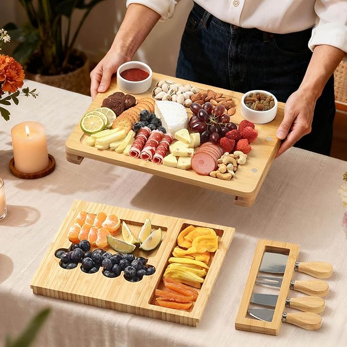 Bamboo Cheese Board Set - Charcuterie Boards and Serving Meat Platter, Cheese Tray with 4 Stainless Steel, 1 Drawers, Cheese Knives Cutting Board Platter, Ideal for Halloween, Wedding