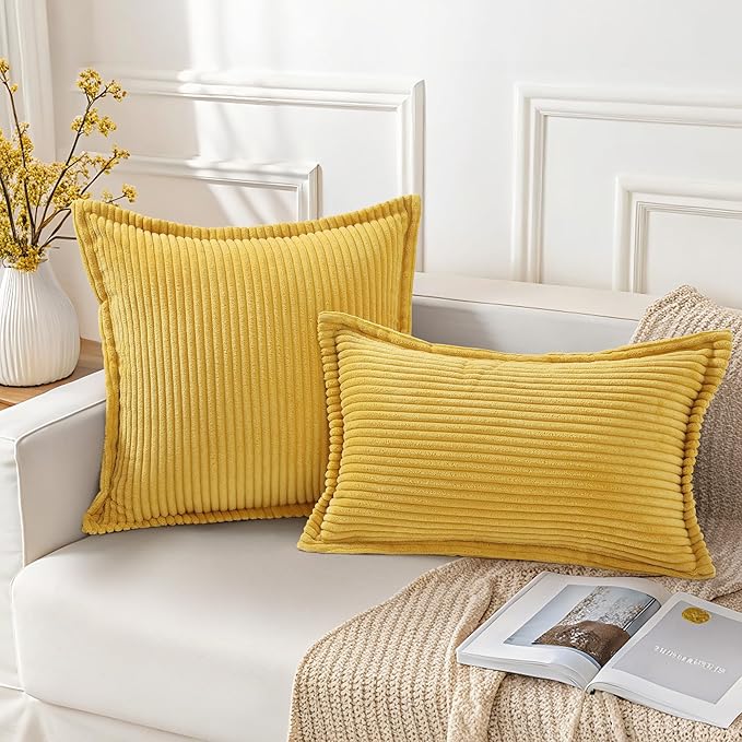 Mecatny Corduroy Throw Pillow Covers 16x16 Set of 2, Neutral Decorative Soft Boho Couch Pillow Covers with Broadside for Sofa Living Room, Mustard Yellow