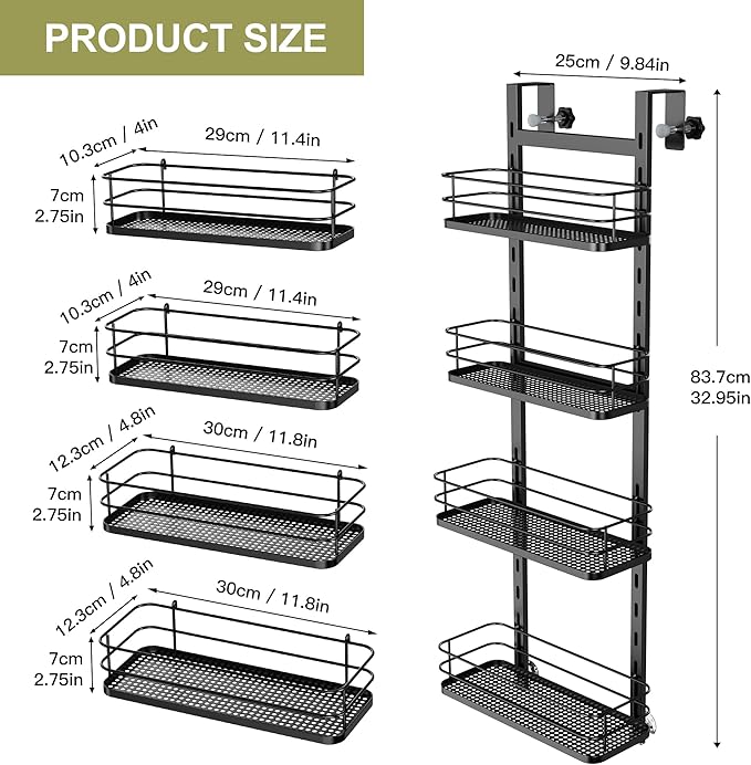 Orimade Adjustable Hanging Over the Shower Door Caddy,Bathroom Organizer Shelf Storage with 4 Hooks for Razor,No Drilling Rustproof Shower Rack Basket, 4 Tier, Matt Black