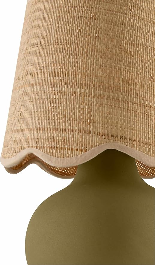 BoutiqueRugs Navarro Boho Ceramic Bedside Table Lamp for Bedroom Nightstand and Living Room - Shade Rattan - Green, Beige - 13" H