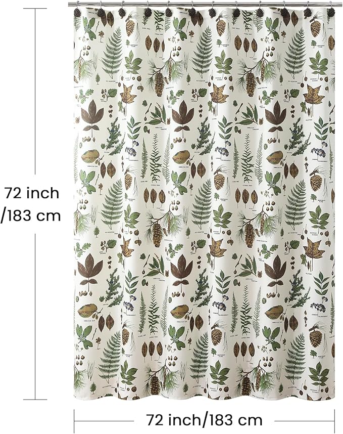 Fabric Shower Curtain, Brown and Green Natural Botanical Leaf Pinecone Print Shower Curtains for Bathroom, 72" W x 72" H