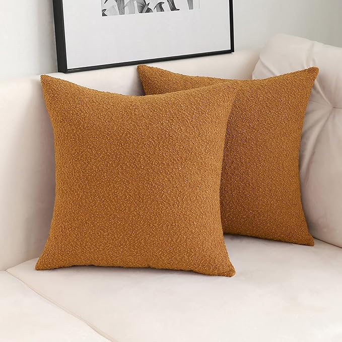 Jeneoo Amber Yellow Decorative Square Thick Throw Pillow Covers Fine Textured Boucle Couch Cushion Case for Sofa Decor, Set of 2, 20 x 20 Inch