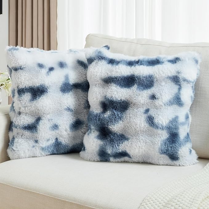 FUTEI Blue White Decorative Throw Pillow Covers 24x24 Inch Set of 2,Soft Fuzzy Faux Rabbit Fur European Cushion Covers with Raised Texture,Neutral Boho Home Decor for Couch Bed Living Room