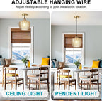 Modern Gold Pendant Light, Amber Glass Farmhouse Kitchen Island Pendant Light Fixture Adjustable Vintage Hanging Ceiling Light for Dining Room Corridor Bedroom 9.45 inch