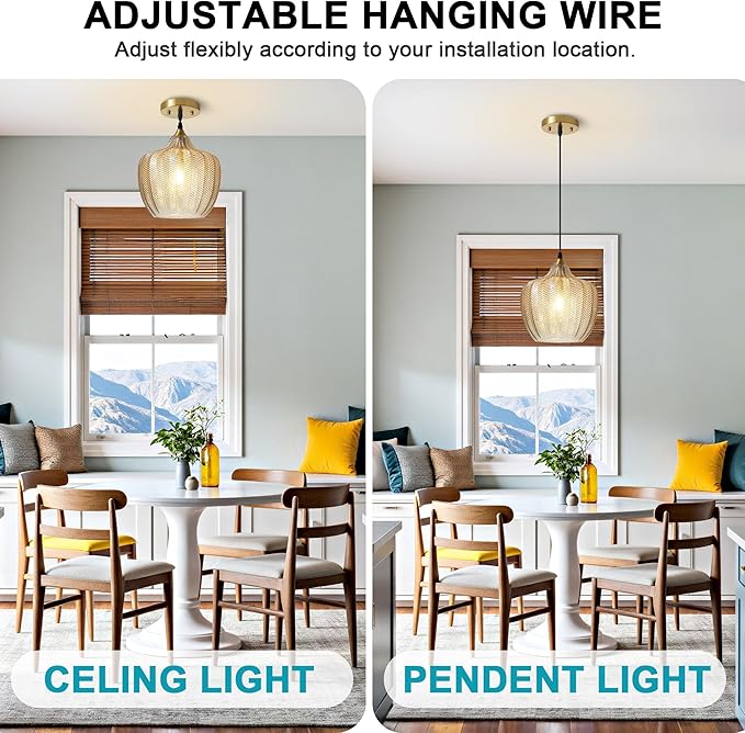Modern Gold Pendant Light, Amber Glass Farmhouse Kitchen Island Pendant Light Fixture Adjustable Vintage Hanging Ceiling Light for Dining Room Corridor Bedroom 9.45 inch