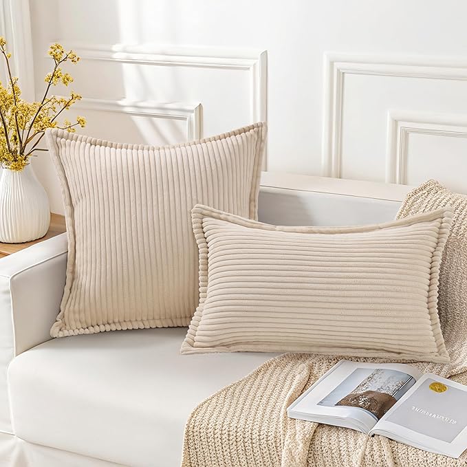 Mecatny Corduroy Throw Pillow Covers 26x26 Set of 2, Neutral Decorative Soft Boho Couch Pillow Covers with Broadside for Sofa Living Room, Beige